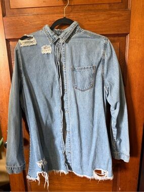 Light Blue Distressed Denim Shirt - women’s  Casual Button-Up